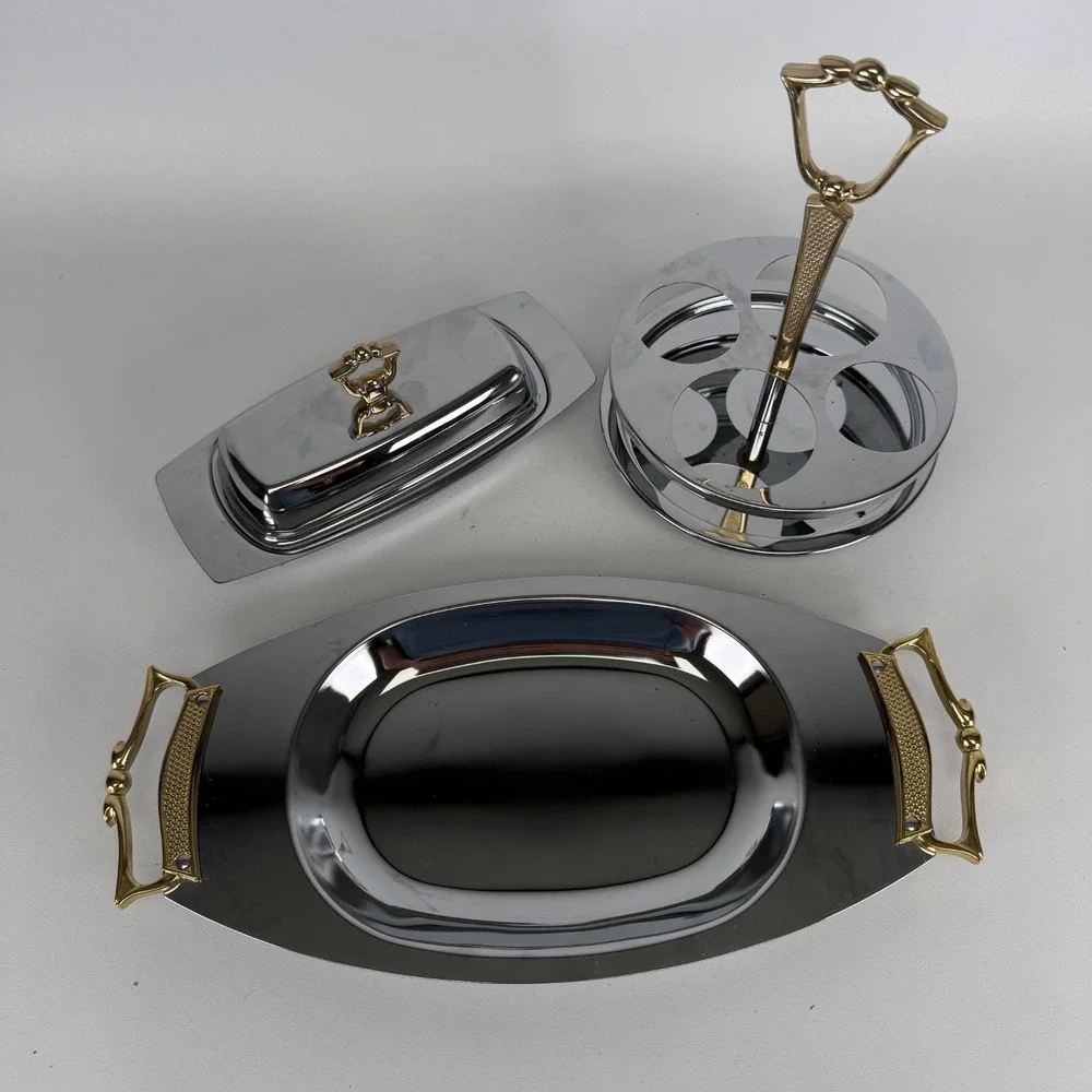 Kromex MCM Chrome Tray Set 3pc Gold Handle Butler Tray Butter‎ Tray Lazy Susan